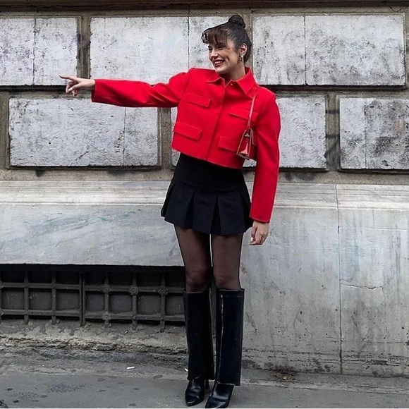 ZARA WOMEN RED SHORT CROPPED FLAP JACKET BLAZER WITH FLAPS - Picture 7 of 15